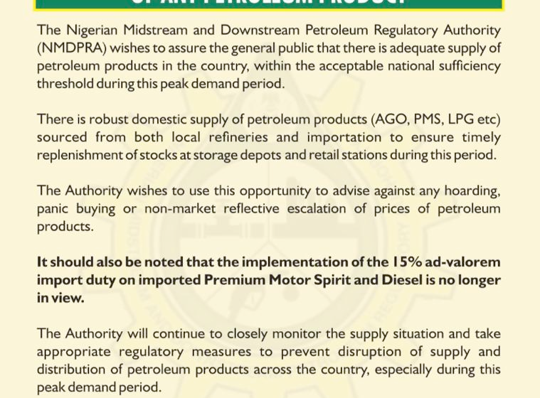 Federal Government of Nigeria Cancels 15% Import Duty on Fuel