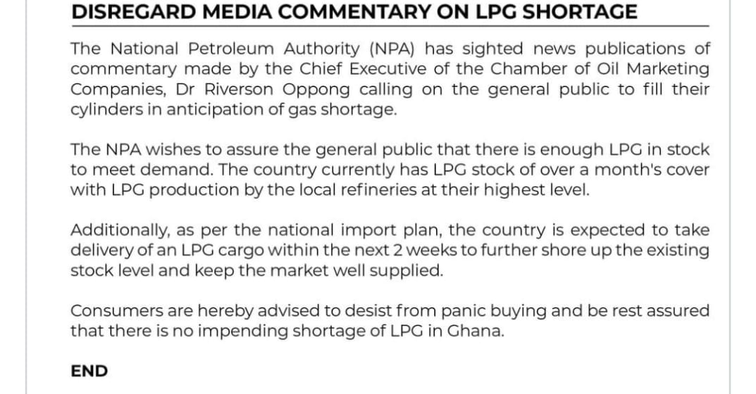 The National Petroleum Authority is urging the general public to disregard media commentary on anticipated gas shortage.